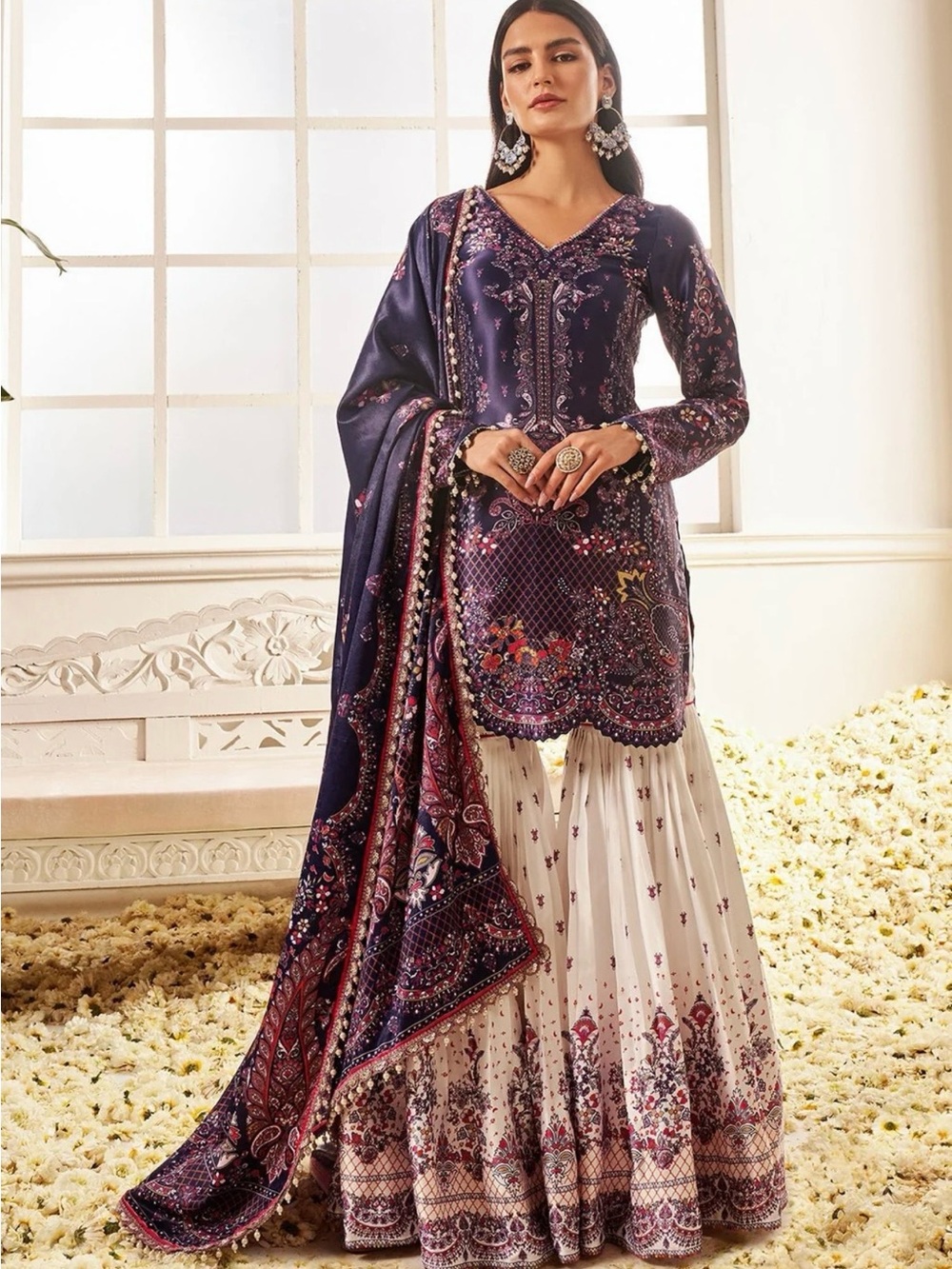 Embroidered Navy Blue and Cream Floral Skirt Set